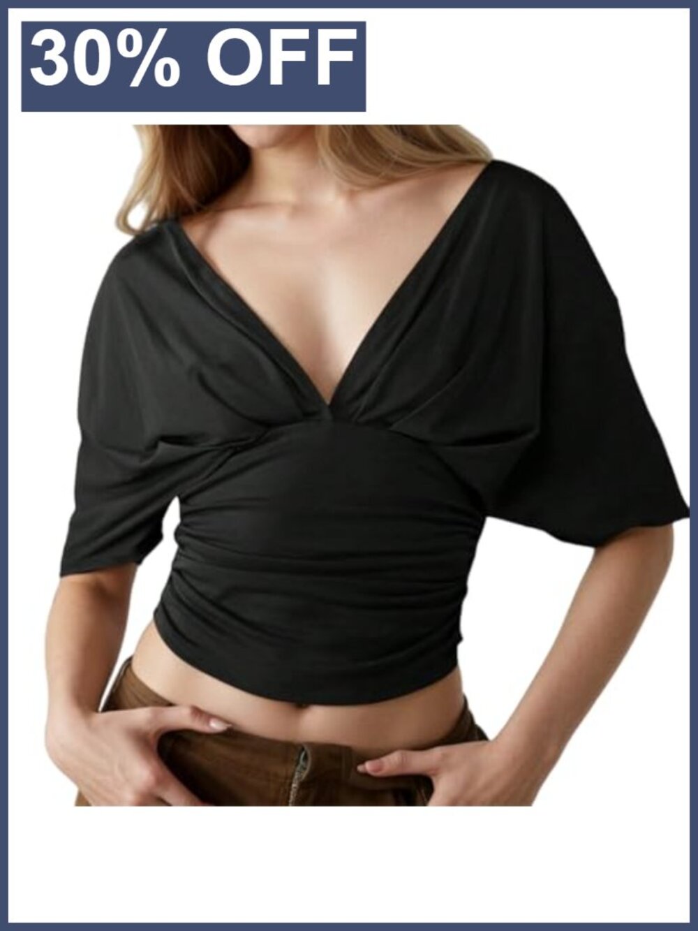 Deep V Neck Ruched Crop Blouse Short Sleeve Slim Fit Women's Top